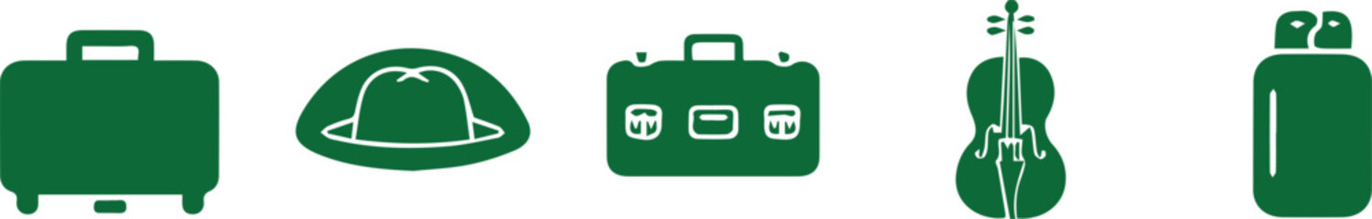 Flat green icons set of travel and music items © Taslima