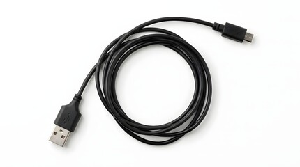 Fototapeta premium Black USB charging cable. Micro USB data cord for mobile devices and electronic gadgets.