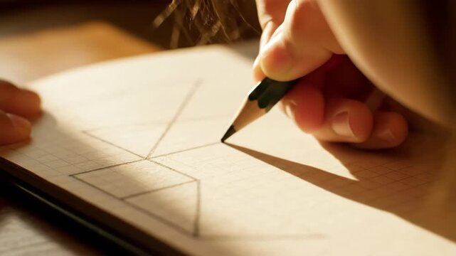 Woman drawing geometric shapes on grid paper with pencil. Architect sketching draft design in notebook. Creative process of planning construction project on desk