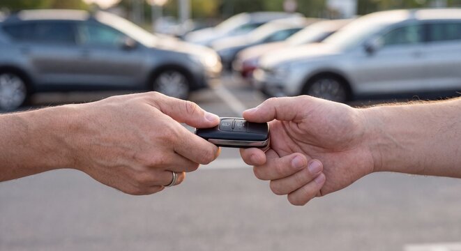 A close up view of a person hand handing over a black modern car key to another person hands with cars blurred in the background
