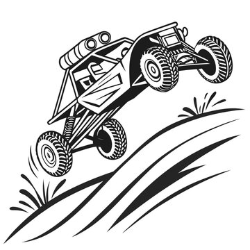 Vector illustration black and white line art of an offroad buggy jumping over a sand dune