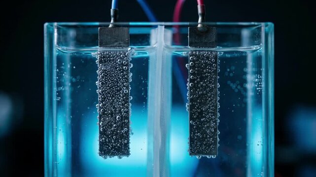 Hydrogen and oxygen bubbles forming on electrodes during electrolysis