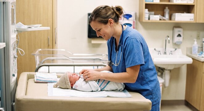 A professional nurse in blue scrubs gently handles a tiny sleeping newborn baby resting on a clinical changing table inside a warm hospital nursery room