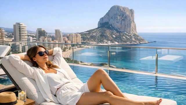 Woman enjoying leisurely moment at resort with stunning coastal background