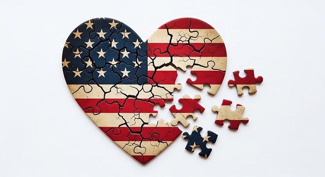 Broken American Flag Heart Puzzle with Missing Pieces on White Background