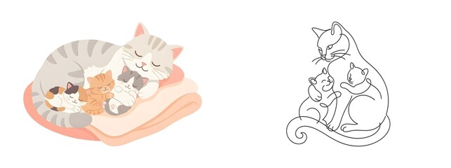 Fototapeta premium Cute mother cat sleeping with kittens on blanket, adorable feline family illustration, hand drawn line art and colored cat characters