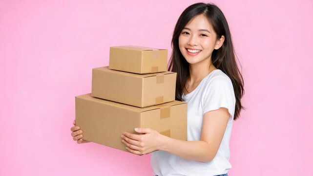 Young woman smiles while holding stacked cardboard boxes. Pink background provides clean, cheerful contrast. She wears casual white top and denim shorts
