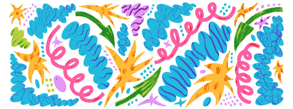 Papercut shape with star, blob and arrow. Funky cutout blobs with freeform squiggle and paper cut shape for kid scrapbook. Vector doodle set isolated for childish decoration and playful promo design