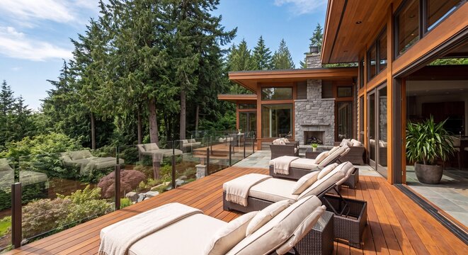 A high end modern architectural villa featuring an outdoor wooden deck patio with comfortable sun loungers overlooking a lush green forest landscape