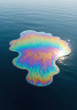 A dark iridescent oil slick spreads across the surface of calm ocean water, creating a toxic shimmer of rainbow colors in the bright sun, marine, ecological, ripple