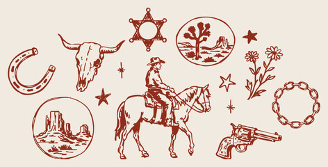 Wild West Cowboy Vector Set with Horse Rider, Bull Skull, Horseshoe, Revolver, Sheriff Badge and Desert Icons © Levin
