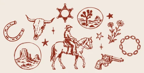 Wild West Cowboy Vector Set with Horse Rider, Bull Skull, Horseshoe, Revolver, Sheriff Badge and Desert Icons © Levin