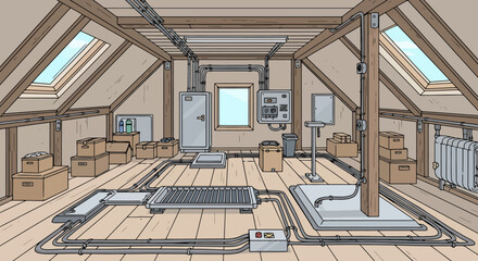 Attic with solar panels and ventilation system. © makneyono96