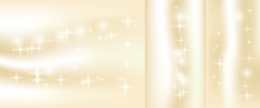 Fancy gold glitter set with beige gradient and champagne silk texture. Sparkle gradation backgrounds with glint bokeh in soft ivory light. Vector set in fancy beige tones for greeting card