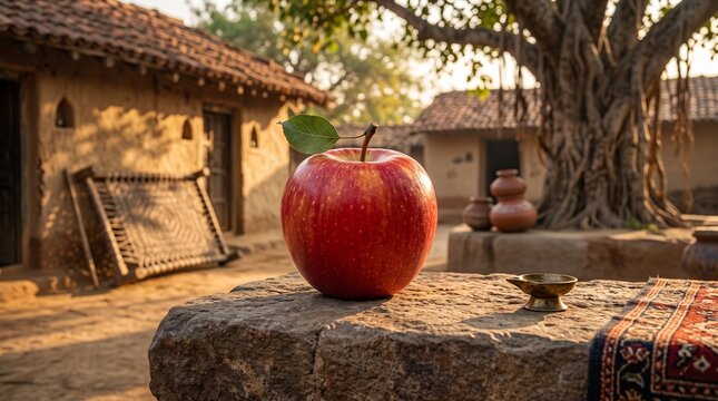 Fresh Red Apple Resting on a Rustic Stone Table in a Traditional Village Courtyard, Warm Golden Sunlight, Rural Countryside Atmosphere, Organic Farm Produce, Natural Healthy Food Concept, Autumn Harve