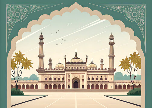 Bara Imambara, Lucknow, Mughal arches and central hall.  geometric shapes, clean lines, subtle gradients