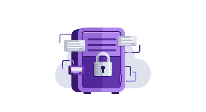Secure Data Cloud Storage and Cybersecurity Illustration with Locked Server Rack and Information Windows