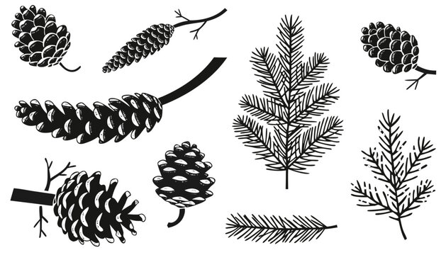 Vector illustration set of pine cones and evergreen branches