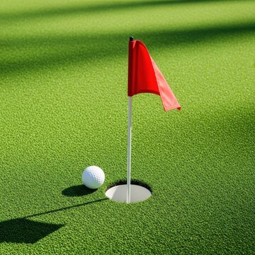 A vibrant green synthetic turf golf course surface features a white ball resting near a circular hole with a red flag on a sunny day, manicured, lawn, background