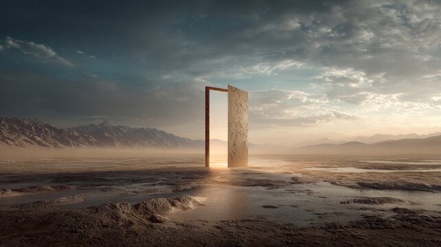 Open door in barren landscape with mountains