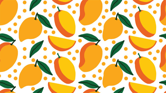 Tropical mango seamless pattern vector background featuring hand drawn whole fruits slices and dots on white background