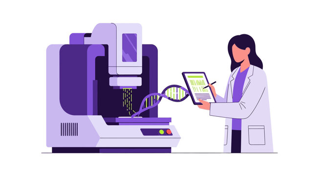 Female Scientist Using 3D Bioprinter to Engineer DNA Helix, Advanced Biotechnology and Genetic Engineering Vector Illustration