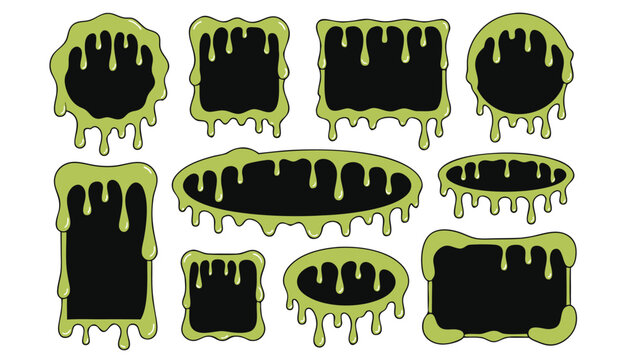 Vector illustration set of green slime frames and borders, liquid drip shapes