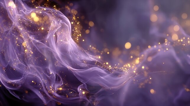 Purple smoke swirls with golden glitter particles