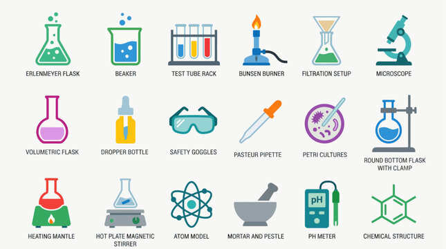 A comprehensive collection of scientific laboratory equipment and tools depicted as colorful icons with labels.