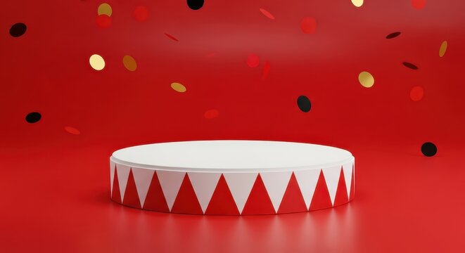Circus Themed Podium with Red and White Stripes and Falling Confetti on Red Background for Product Display