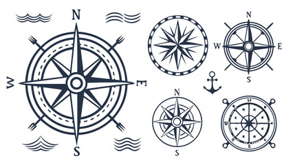 Obraz premium Vector illustration collection of nautical compass roses and maritime symbols