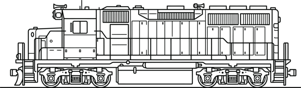 A detailed side profile view of a diesel electric freight train locomotive