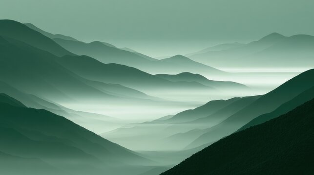 Layered green mountains in fog