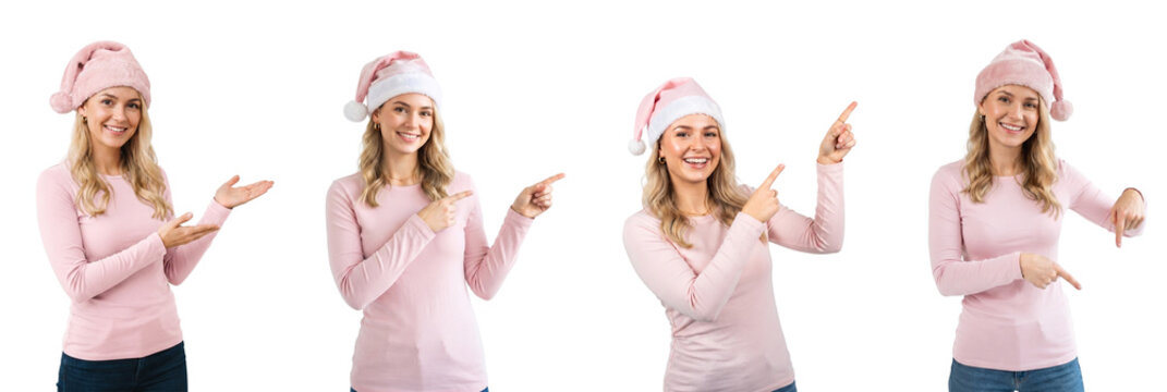 Mulher jovem loira usando gorro de Natal rosa e apontando com as m&atilde;os, fundo transparente / Young blonde woman wearing a pink Christmas hat and pointing with her hands, transparent background
