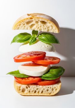Fresh caprese-style sandwich featuring thick slices of milky mozzarella cheese, ripe tomatoes, and fragrant green basil on artisan bread, rustic, fresh, dairy