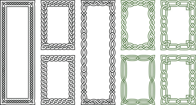 Celtic frames and rectangular knot borders vector set with black and green traditional ornaments isolated on white background.