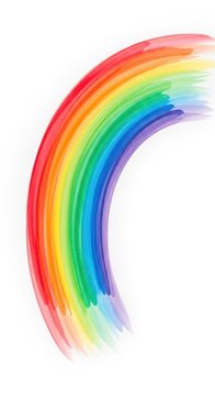 Lebendige, flie&szlig;ende Aquarellfarben bilden einen weichen, abstrakten Regenbogenbogen. Dynamische Textur, freigestellt auf Wei&szlig;, hell, wei&szlig;, isoliert