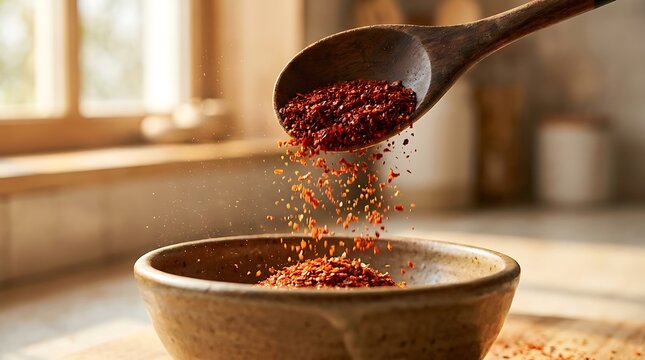 Wooden spoon pouring dry mixed spices and herbs into a clay bowl in a rustic kitchen setting. korean chili flakes