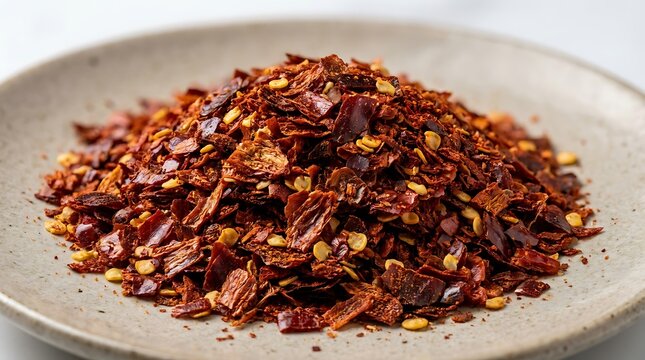 A pile of dried organic red and brown chili pepper flakes on a round ceramic plate ready for seasoning cooking and adding spicy flavor to food. korean chili flakes