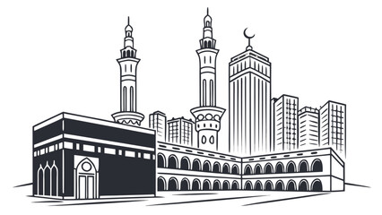 Fototapeta premium Black and white line art illustration of the kaaba and masjid alharam in mecca