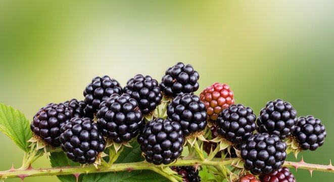 A beautiful close-up photograph featuring a cluster of fresh, ripe, dark blackberries still attached to their thorny green vines during a summer harvest, dark, texture, crop