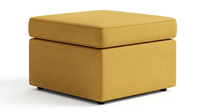 Yellow woven ottoman isolated on white. Modern square footstool for home interior design.