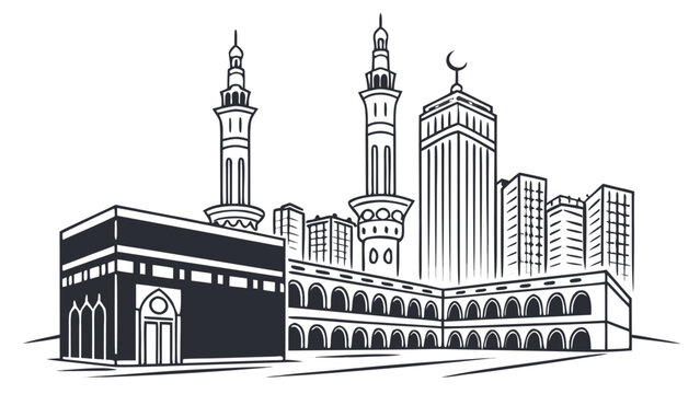 Black and white line art illustration of the kaaba and masjid alharam in mecca