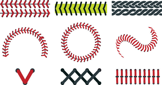 Baseball and Softball Stitch Icon Set Featuring Red and Neon Yellow Lacing Textures, Circular Borders, and Ball Seam Vectors for Sports Apparel Graphic Designs