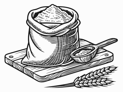Vector illustration hand drawn sack of flour with wheat ears and wooden spoon on cutting board