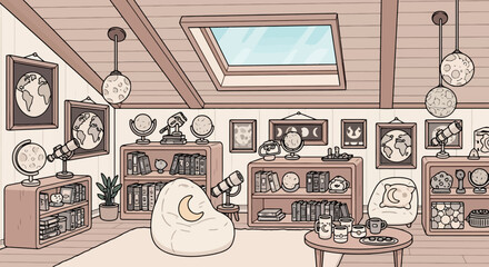 Cozy attic room with celestial decor and comfortable seating. © makneyono96