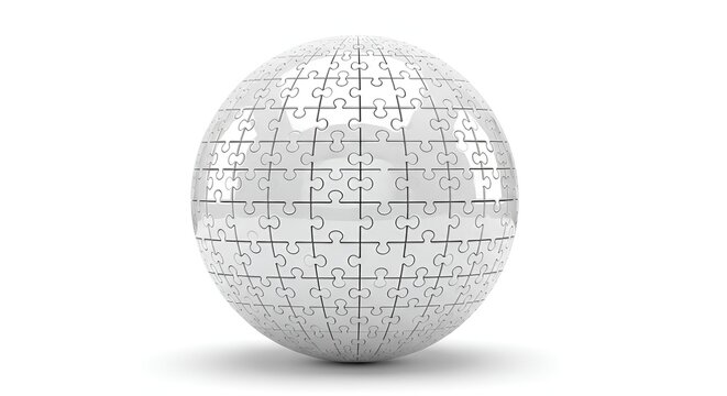 White puzzle sphere isolated on white. 3D jigsaw globe representing complex problem solving.