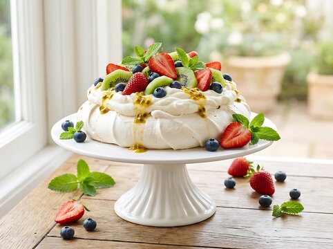 Delicious homemade pavlova cake with fresh strawberries kiwi blueberries and whipped cream served on a white pedestal plate in a bright kitchen. Australian Cuisine