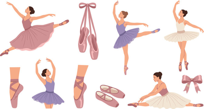 Elegant Ballet Dancer Character Set Featuring Ballerinas in Tutus, Pointe Shoes, Satin Ribbons, and Bows for Dance School Performance and Graphic Designs