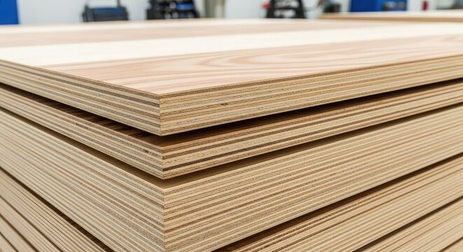 A detailed close-up view of neatly stacked plywood sheets inside a professional workshop, highlighting natural wood grain and layered edges, architectural, detail, texture